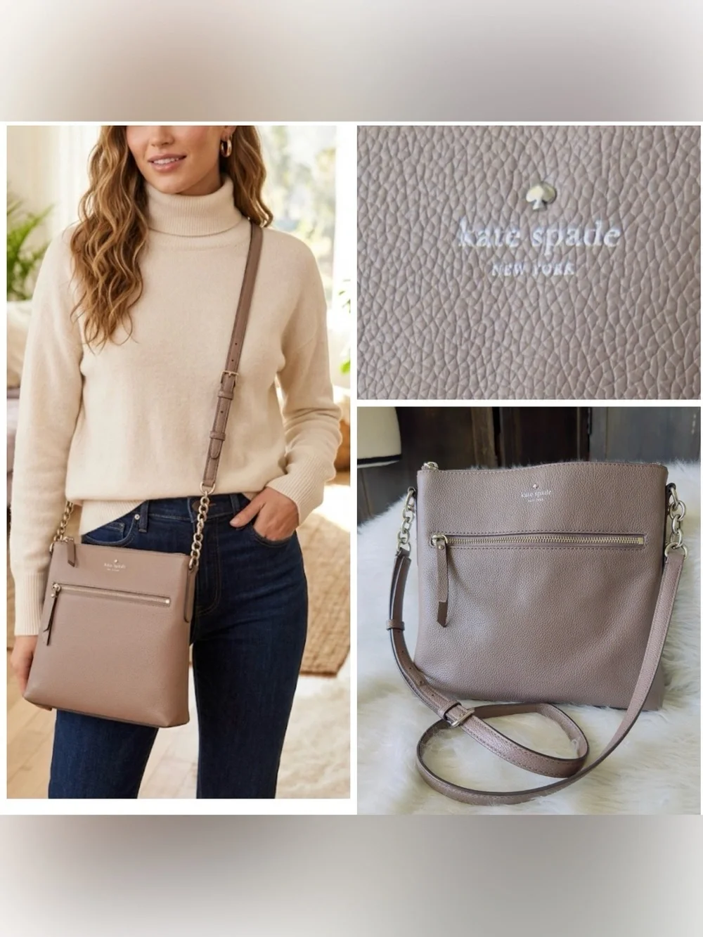 Kate Spade Pebbled Leather Crossbody Bag Medium Taupe Brown Shoulder Purse
